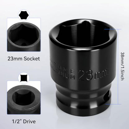 2PCS 23mm Impact Socket 1/2" Drive, 6 Point Metric Shallow Socket, CR-V Steel Heavy Duty Impact Wrench Socket for Automotive Repair - size: 23mm