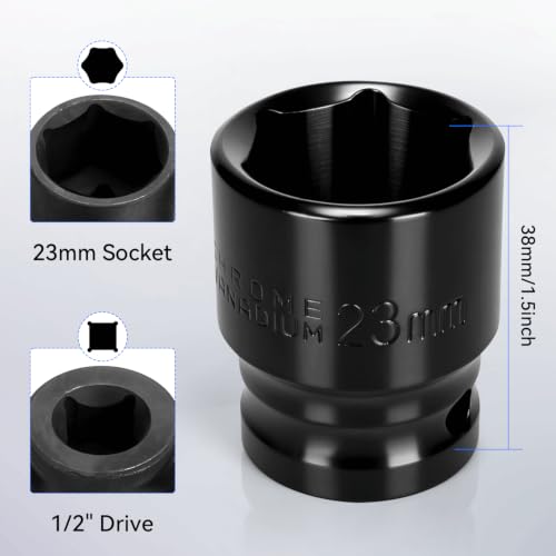 2PCS 23mm Impact Socket 1/2" Drive, 6 Point Metric Shallow Socket, CR-V Steel Heavy Duty Impact Wrench Socket for Automotive Repair - size: 23mm