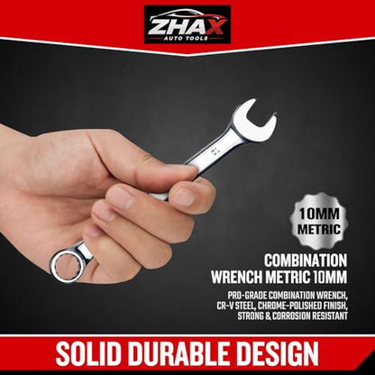 zhax 10mm Metric Combination Wrench, 12 Point Box End, 15 Degree Offset Design, Mirror Polish Finish, Forged CR-V Steel, Hand Tools for Mechanics, Ideal for Auto and Home Repair - size: 10mm
