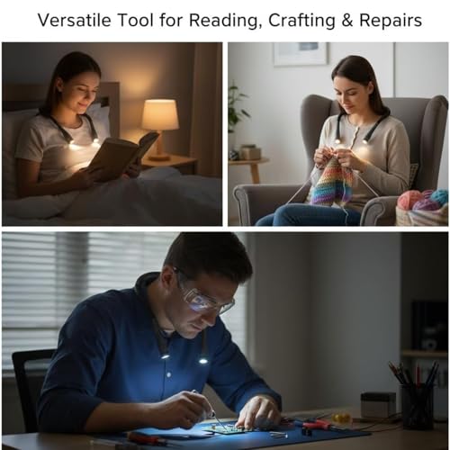 KARIB'LIGHT Rechargeable Neck Reading Light – LED Book Lamp for Bed, Blue Light Filter (Eye Care) – 1000mAh Battery, 3 Modes & Flexible Arms – Hands-Free for Knitting, Repair, Camping Hands Free