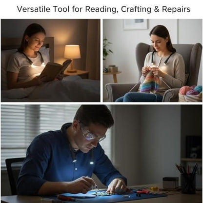 KARIB'LIGHT Rechargeable Neck Reading Light – LED Book Lamp for Bed, Blue Light Filter (Eye Care) – 1000mAh Battery, 3 Modes & Flexible Arms – Hands-Free for Knitting, Repair, Camping Hands Free