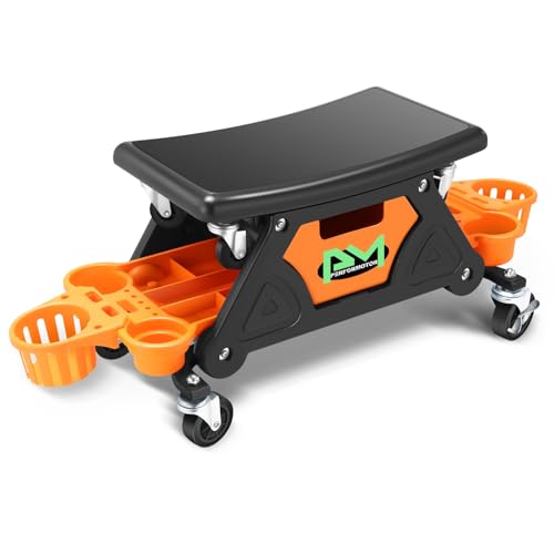 PM PERFORMOTOR Mechanic Stool - 25-1/2" x 13" x 12" (L x H x W), Rolling Work Seat w/Lockable Swivel Wheels and Storage Tool Tray, Orange,PM-TOL-CRS-OG - color: Orange