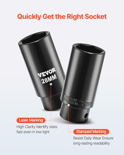VEVOR 91-Piece 1/2" Drive Impact Socket Set, SAE (5/16" to 1-1/4") & Metric (8 to 32 mm), CR-V, Deep & Shallow, 6 Point, Ratchet Handle, Universal Joint, Adapters, Extension Bars (3, 5, 10 in) - style: 1/2" 91 PCS