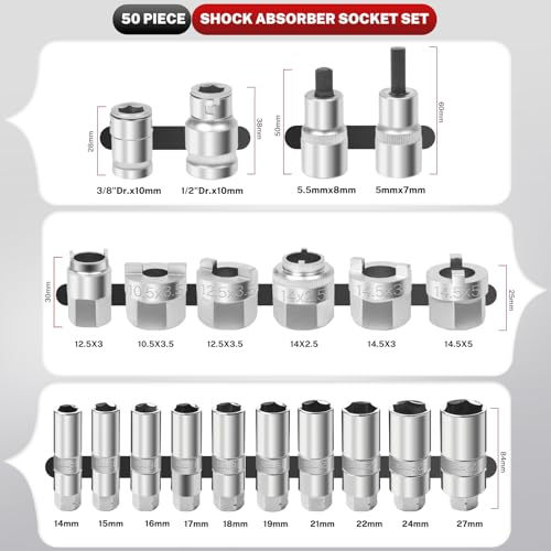 BILITOOLS 50PCS Shock Absorber Strut Nut Socket Set | Master Suspension Tool, Strut Top Mount Nut Removal & Install, Automotive Use, with Ratchet Adaptors - color: Shock Absorber Tool