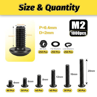 Kadrick 1000PCS M2 Screw Assortment kit,M2 Screws with Nuts and washers, Grade 10.9 Alloy Steel Hex Socket Button Head Black Bolts Nuts Kit,Lenth Form 4mm-20mm - size: M2 1000Pcs 4-20mm