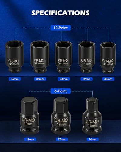Orion Motor Tech 8pc 1/2" Drive Axle Nut Socket Set, Metric 12 Point CR-MO Axle Nut Impact Socket Set, Extra-Deep Spindle Axle Nut Sockets with Storage Case, 14mm 17mm 19mm, 30mm 32mm 34mm 35mm 36mm