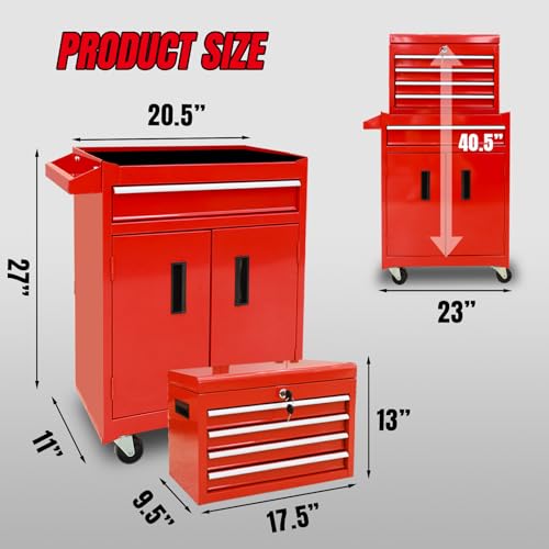 Torin 5-Drawer Rolling Tool Chest: Metal Tool Box with Wheels, Removable Top Tool Box, Liner, Adjustable Shelf and Locking Mechanism for Garage Workshop,Red - style: Metal Tool Box/Red