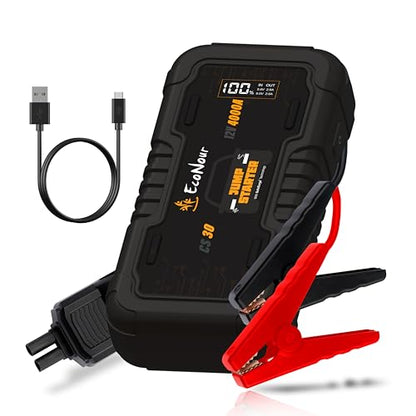 EcoNour car Battery Jump Starter 4000A Peak Up to 10L Gas & 10L Diesel Engines 12V Lithium Jump Box with Jumper Cables, USB Charger, LCD Display, LED Flashlight – for Cars, SUVs, Trucks - color: Black, size: 4000A