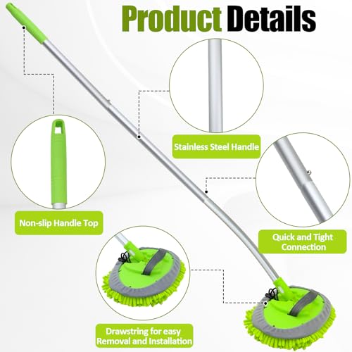 15° Curved Car Wash Brush with Long Handle 43" Extension Cleaning Mop Exterior Interior Carwash Duster 3-Section, 90° Pivoting Extralarge Microfiber Head for Scratch-Free Car, SUV & Truck - color: Green