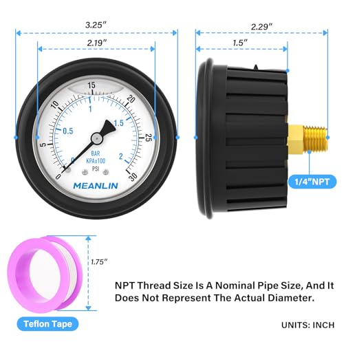 MEANLIN MEASURE 0~30Psi Stainless Steel Liquid Filled Pressure Gauge 1/4" NPT 2.5" FACE DIAL with Rubber Protective Sleeve, Center Back Mount - size: 0-30Psi