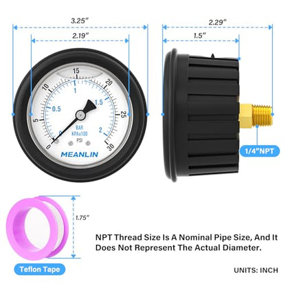 MEANLIN MEASURE 0~30Psi Stainless Steel Liquid Filled Pressure Gauge 1/4" NPT 2.5" FACE DIAL with Rubber Protective Sleeve, Center Back Mount - size: 0-30Psi