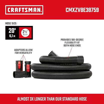 CRAFTSMAN CMXZVBE38759 2-1/2 in. x 20 ft. POS-I-LOCK Wet Dry Vacuum Hose | Industrial-Grade Shop Vacuum Hose Attachment Kit, Fits Most CRAFTSMAN Wet/Dry Vacuums with a 2-1/2 in. Diameter Inlet - style: 2-1/2 in. by 20 ft.