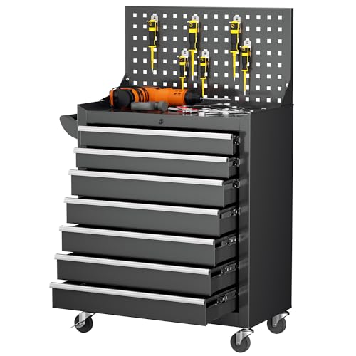 Superday Rolling Tool Chest, 7 Drawer Portable Tool Chest with Wheels, Tool Storage Cabinet with Lock for Garage, Steel Tool Cart with Pegboard & Hooks for Workshop, Warehouse (Black) - color: Black, size: 7 Drawer