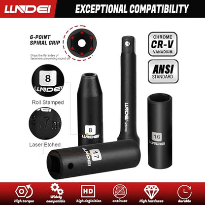 LLNDEI 1/2" Impact Socket Wrench Set: 49Pcs, CR-V, Metric | Combination Wrenches (8-17mm), Deep Sockets(8-24mm), Spark Plug Socket(16,21mm), Household&Automotive Repairing - size: 49-Piece 1/2" Drive Socket Set