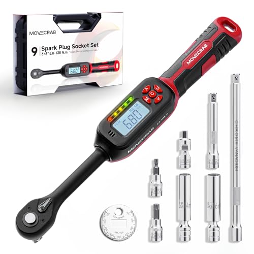 3/8" Digital Torque Wrench With Spark Plug Socket, 5-99.6 Ft.lb | ±2% Accuracy, Bright LED Display, Smart Triple Alert System, Peak & Track Modes, Preset Memory & Multi-Application - size: 3/8" 9pcs-Spark 6.8-135N.m/5-99.6Ft.lb