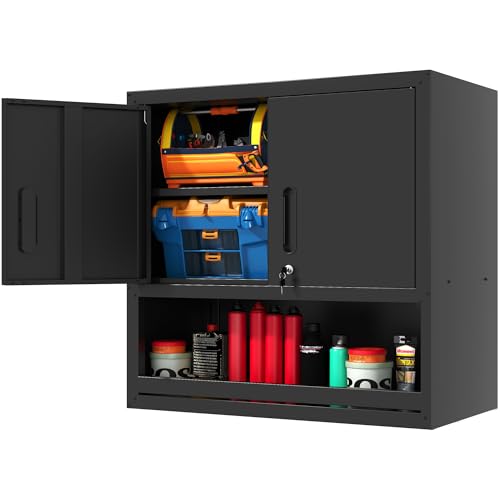 Garage Wall Cabinet Metal Storage Cabinet with Lock Wall Mounted Heavy Duty Steel Tool Cabinet with Door and Shelf Hanging Cabinet for Garage Warehouse Bathroom Kitchen,Assembly Required - color: Black, style: 2 doors wall cabinet