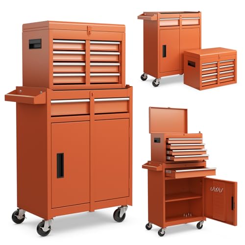 Goplus Rolling Tool Chest, 5-Drawer Tool Box Organizer w/Lockable Wheels & Sliding Drawers & Detachable Top & Adjustable Shelf, Tool Storage Cabinet for Garage Workshop (Orange) - color: Orange, style: 5 Drawers
