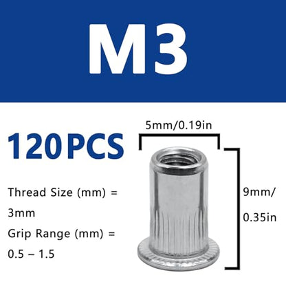 120Pcs M3 Rivet Nuts, 304 Stainless Steel Flat Head Rivnut Threaded Insert Nutsert Rivet Nut - color: Silver, size: M3