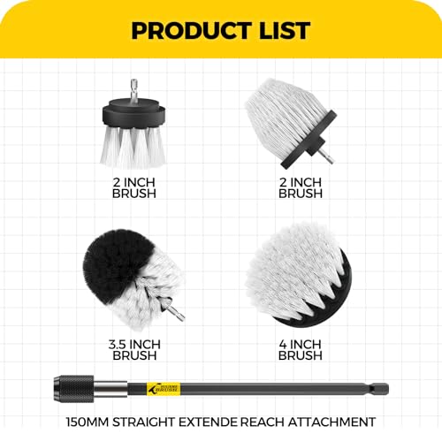 Holikme 5Pack Drill Brush Attachment Set-Car Interior Detailing Kit，Power Scrubber Brush Extended Long Attachment for Bathroom, Car，Shower，Carpet,Boat,Kitchen，Floor and Tile，White | 4 nylon scrub brushes,white,Power scrubber kit for Bathroom Surfaces, Gro
