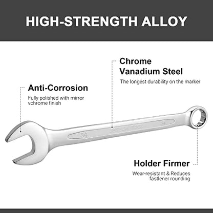 Jetech 34mm Combination Wrench, Metric 12-Point Chrome Vanadium Steel Spanner, Industrial Grade with 15-Degree Offset, Fully Polished Finish, Heat-Treated Forged Tool - size: 34mm