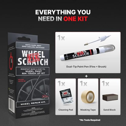 Wheel Scratch Fix® Dark Gray Touch Up Paint for Cars - DIY Alloy Wheel Repair Kit, Curb Rash Remover with Fast-Drying Pen - Long-Lasting OEM Finish Car Rim Paint for Scuffs and Chips at Home (Satin Dark Gray) - color: Gray - Dark/Satin - Kit