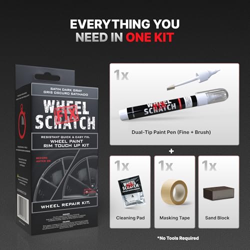 Wheel Scratch Fix® Dark Gray Touch Up Paint for Cars - DIY Alloy Wheel Repair Kit, Curb Rash Remover with Fast-Drying Pen - Long-Lasting OEM Finish Car Rim Paint for Scuffs and Chips at Home (Satin Dark Gray) - color: Gray - Dark/Satin - Kit