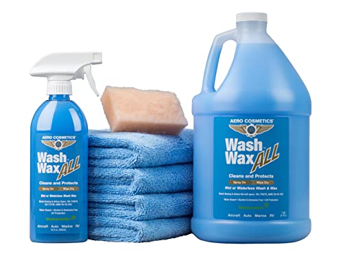 Aero Cosmetics Wash Wax ALL Spray Waterless Car Wash Wax Kit Quick Detailer | UV-Protective Shine, Water-Based 144 oz + 4 Towels - Safe on Ceramic Coatings - Car, RV, Boat, Aircraft - Quick Detailer