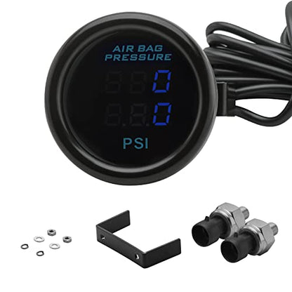 Dual Display Air Suspension Gauge Air Ride Air Pressure Gauge 2Inch 0-220PSI with 2Pcs 1/8NPT Sensors and 16.5ft Sensor Cable LCD Blue - color: Blue
