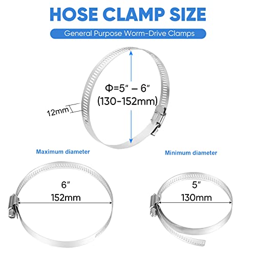 TICONN 12PCS Hose Clamp Set - 5''–6'' 304 Stainless Steel Worm Gear Hose Clamps for Pipe, Intercooler, Plumbing, Tube and Fuel Line - size: SAE #88 12PCS 5"~6"