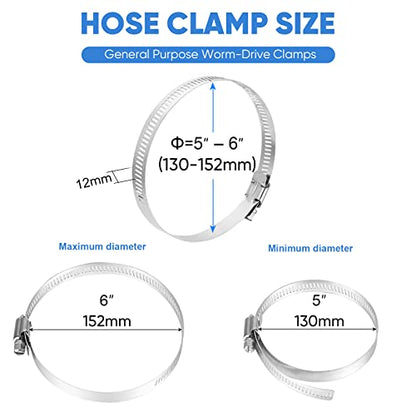 TICONN 12PCS Hose Clamp Set - 5''–6'' 304 Stainless Steel Worm Gear Hose Clamps for Pipe, Intercooler, Plumbing, Tube and Fuel Line - size: SAE #88 12PCS 5"~6"