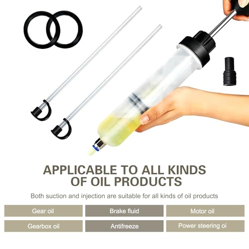 Power Steering Fluid Extractor, 200CC Manual Extraction Liquid Pump, Transmission Oil Suction Pump with 2 Hoses, Universal Oil Syringe for Most Cars (White)