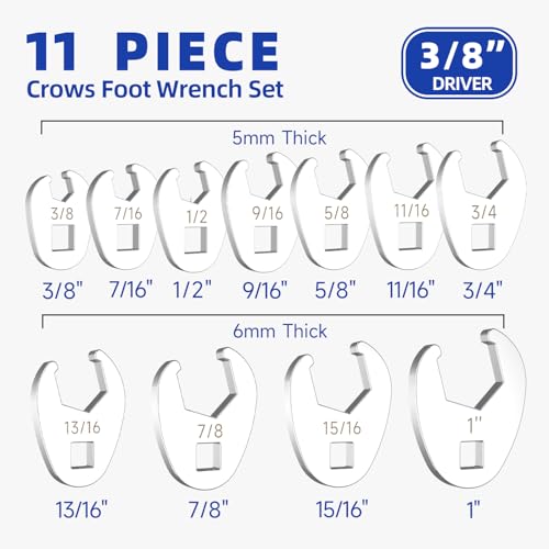 3/8" Drive SAE Flare Nut Crowfoot Wrench Set (3/8"-1")- 11 Piece | CR-V Steel | 5 Point Grip | 5mm Ultra-Thin | Clip-on Organizer | Access for Tight Spaces Bike Automotive Appliance Repair - style: Flare Nut - SAE