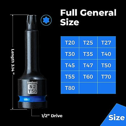 toolant 1/2-Inch Drive T70 Impact Torx Bit Sockets, 2-Piece | S2 steel one-piece sockets feature manganese phosphate coating, pin holes, and laser-etched markings - size: T70