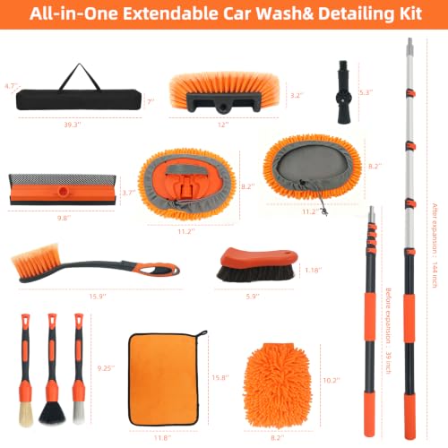 12FT Car Wash Brush with Long Handle Extension Pole Soft Bristle Car Cleaning Kit,Wheel & Tire Brush,Microfiber Wash Mop & Mitt,Window Squeegee,Detailing Brushes for Car RV Truck Boat House