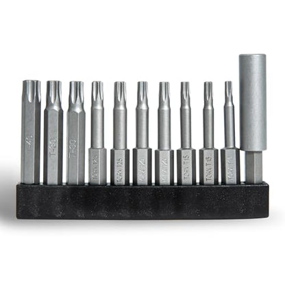 Torx Bit Set T10–T40, 10 PCS 2" Star Screwdriver Set + 2-3/8" Magnetic Drill Bit Holder, 1/4" Hex, S2 Steel CNC Precision Tips, Impact Driver/Drill Compatible - size: T-MIX