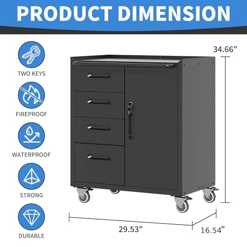 Metal Storage Cabinet for Garage, Tool Cabinet, Utility Cabinet | Wheeled, Rolling Tool Cabinet, 4 Drawers, 1 Door Lockable, Top Countertop, Assembly Required, Black - color: Black