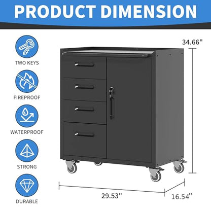 Metal Storage Cabinet for Garage, Tool Cabinet, Utility Cabinet | Wheeled, Rolling Tool Cabinet, 4 Drawers, 1 Door Lockable, Top Countertop, Assembly Required, Black - color: Black