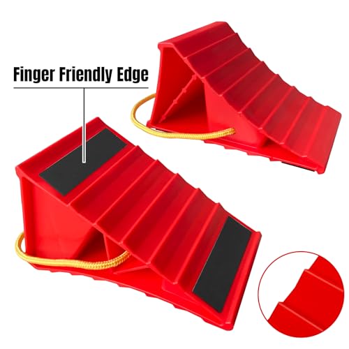 HOXWELL 2 Pair Wheel Chocks for Travel Trailers, Non Slip Heavy Duty Red Wheel Chock with Rope, Lightweight Wheel Stoppers for Cars Campers Trucks RVs, Easy to Carry & Suitable for Most Tyre Sizes - size: Red-2 Pairs