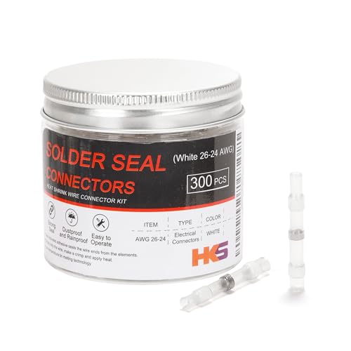 HKS 300PCS Solder Seal Wire Connectors – 26-24 AWG White Heat Shrink Butt Terminals – Waterproof Electrical Wire Splice for Automotive, Marine, and DIY Wiring - color: WHITE 26-24 AWG, size: 300PCS