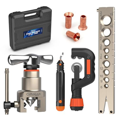 CARVALAX Eccentric Flaring Tool Kit, 45° Precision Flaring, Metric/Imperial Clamp for 6-19mm & 1/4"-3/4" Pipes, Includes Cutter, Deburring Tool & Hard Case for HVAC & Refrigeration Repair