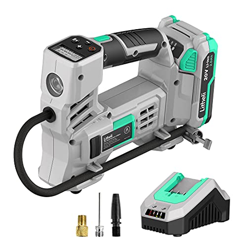 Litheli 20V Air Compressor Tire Inflator, Portable Pump for Car, Bike, Sports Ball, Battery Powered with Digital Pressure Gauge, 3 Nozzle Adapters, 150 PSI, Includes 2.0Ah Battery & Charger - color: Green and Grey