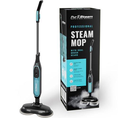 PurSteam ScrubMaster Steam Mop with Dual Scrubbing Head and LED Lights | Dual Scrubbing Head | LED Headlights | Adjustable Steam Control | Anti-Slip Swivel Head | Cable Holder | Upright Lock - size: Small