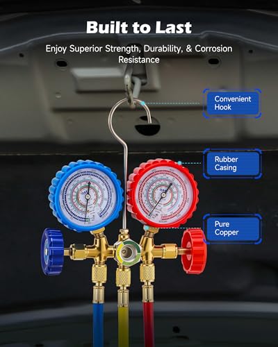 Orion Motor Tech AC Gauge Set, 3-Way AC Manifold Gauge Set for R134a R410A R404A R22 Refrigerant with 5ft Hoses, Automotive A/C Gauge with R134a Couplers Self-Sealing Can Tap R410A Adapter 29° Adapter - size: R134a R22 R410a R404a