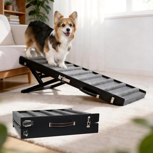 Dog Ramp for Small & Medium Dogs Foldable Pet Ramp for Bed (Black) | 5 Adjustable Heights 13.98"-27.56'', No Assembly, Non-Slip Carpet, Portable Handle, Natural Wood Frame, Senior Dog Friendly - color: Black, size: Up to 75 lbs