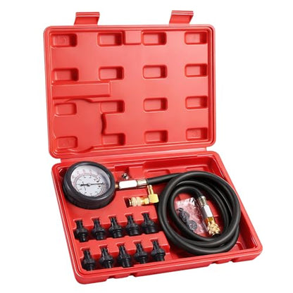 Oil Pressure Tester Kit, 0–140 PSI Engine Oil Pressure Gauge with Hose & Brass Adapters, Automotive Diagnostic Tool for Cars, Motorcycles, Small Diesel Engines, with Storage Case (red)