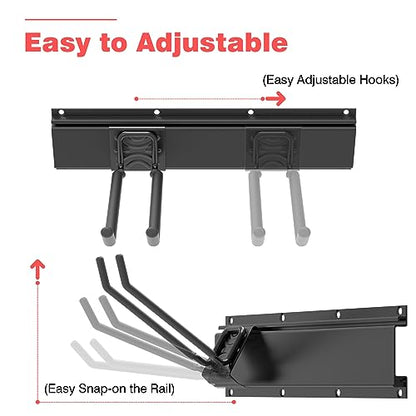 Wall-Mounted Garage Tool Organizer: 64 Inch Heavy-Duty Garden Rack & Wall Storage System - 4 Rails 10 Non-Slip Hooks for Folding Chairs, Ladders & DIY Tools