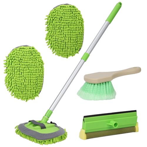GIANT BEAR Car Wash Brush with Long Handle, 42.9" Microfiber Chenille Mitt Not Hurt Paint Scratch Free Aluminum Alloy Cleaning Tool -4 in 1,Glass Window Scrabber Detail Wheel Brush
