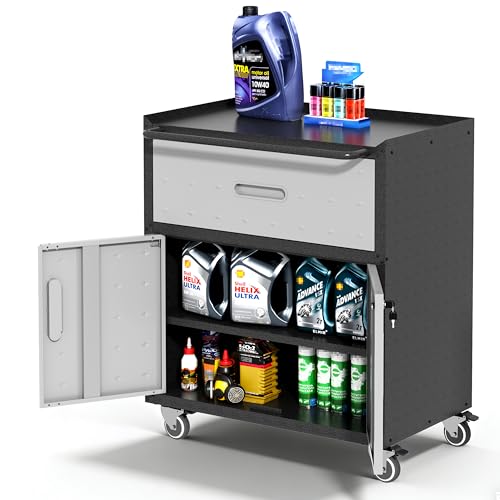 Garage Cabinets,Metal Garage Storage Cabinet with Wheels,Lockable Rolling Tool Cabinet with Drawer and Adjustable Shelves,Heavy Duty Tools Cabinet for Home Office Utility Room,Black/Grey - color: Black/Grey, size: 1 Drawer & 2 Doors
