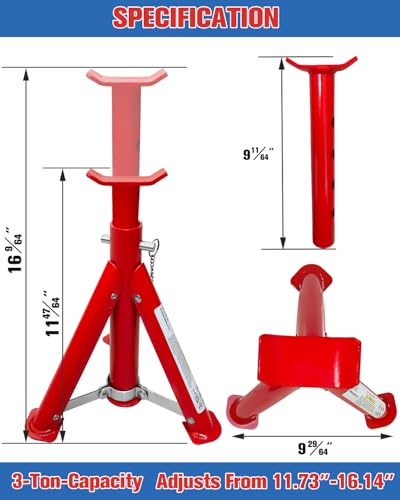 3 Ton Foldable Jack Stands (6,600 LBs) - Heavy Duty Car Jack Stand for Trucks&SUV&DIY- Adjustable Height 11.42"-16.06" with Safety Pin - Ideal for Home Garage, Workshops, UTV/ATV - Red, 1 Pair - size: 3 Ton Foldable Jack Stands