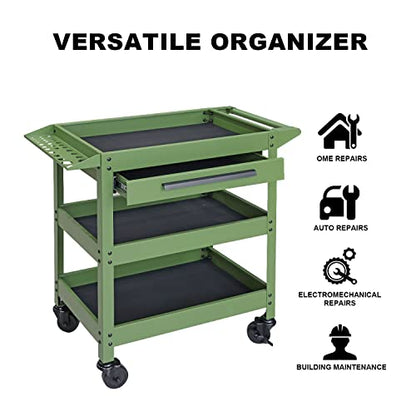 GSTANDARD APTB311G Torin 3 Layers Utility Cart: Rolling Tool Cart with Lockable Wheels and Multifunction Service Cart for Home, Garage, Kitchen, Office or Cafe, Green - color: Green, style: 3 Shelves with Drawer